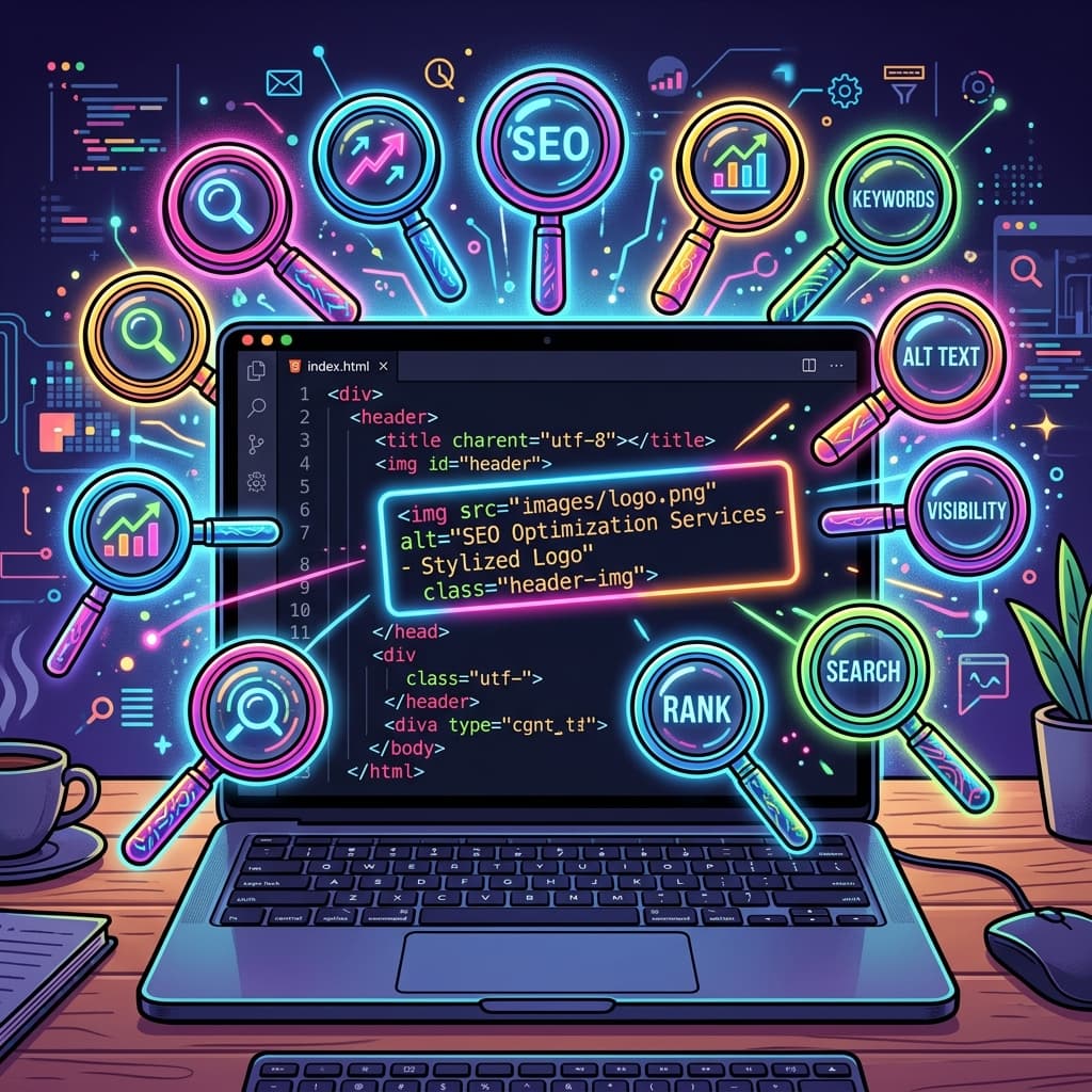 HTML code editor highlighting an img alt attribute tag surrounded by SEO magnifying glasses
