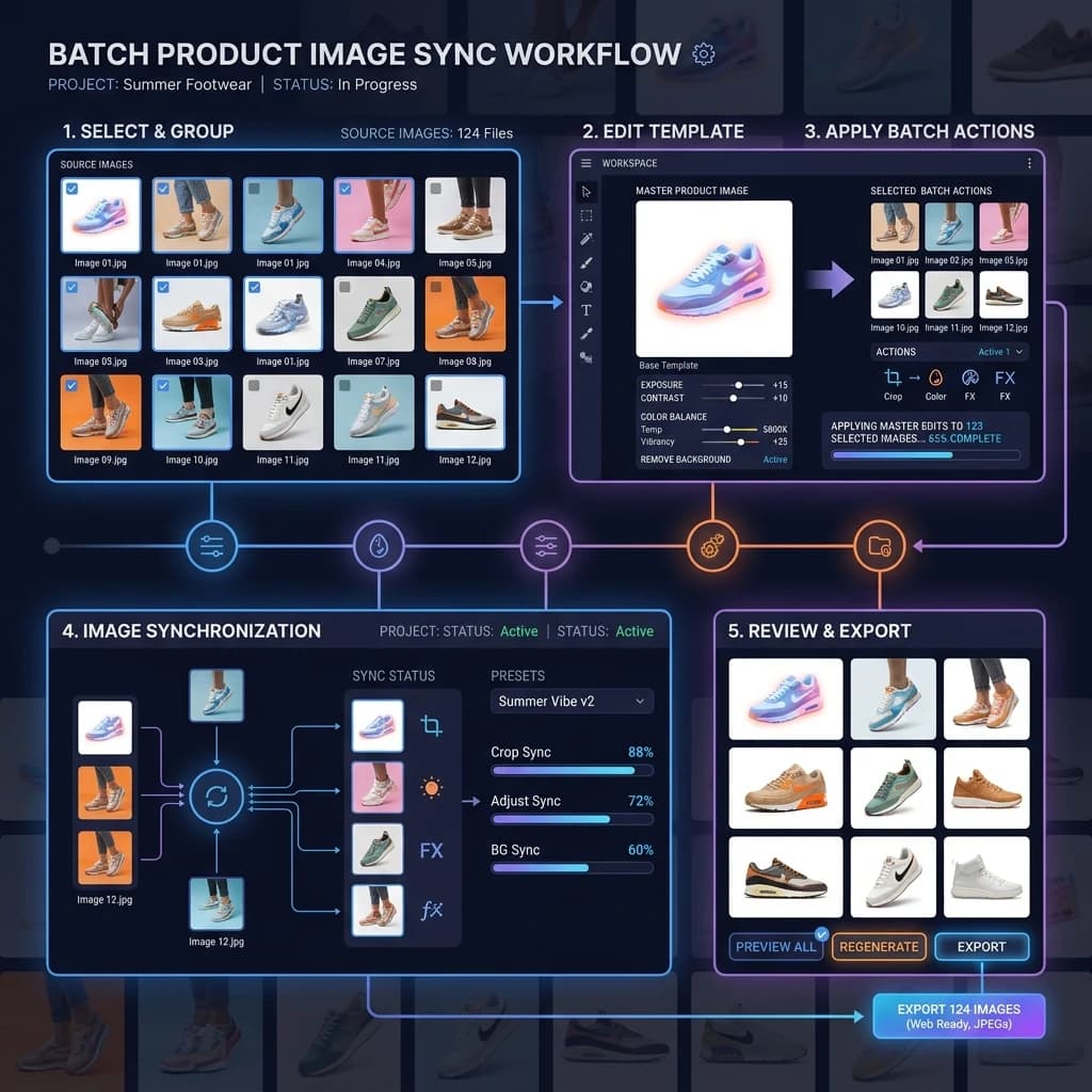 Step-by-step batch editing workflow for product images showing Lightroom sync and Photoshop Actions