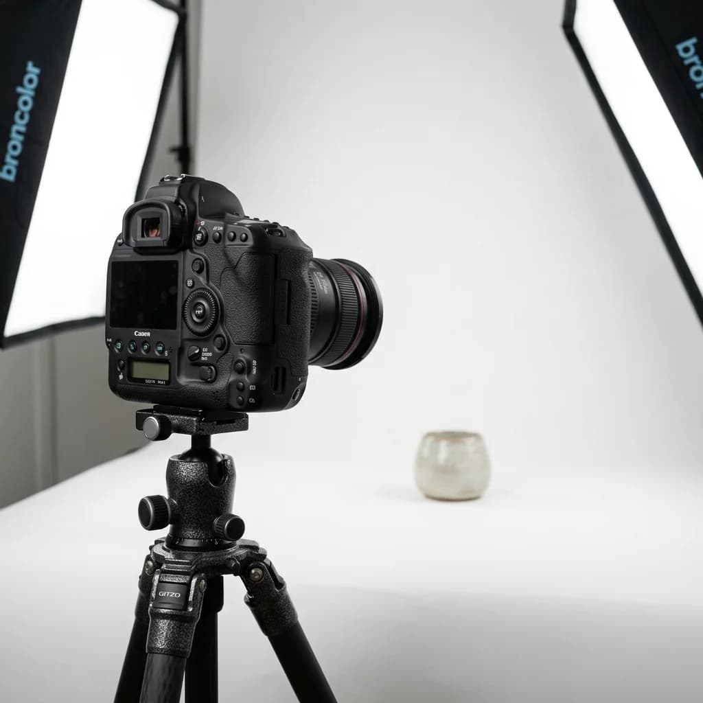 DSLR camera on a tripod photographing a product on a white seamless background, with camera settings display visible