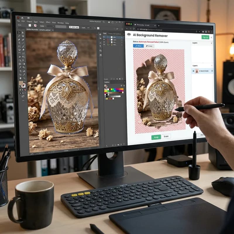 Photo editor comparing Illustrator clipping path versus AI background removal on ornate perfume bottle