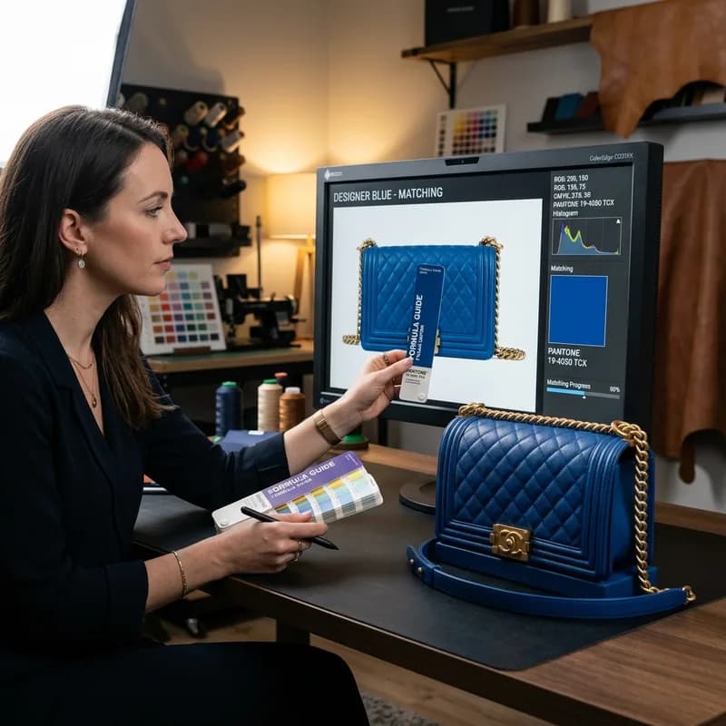 Color specialist matching blue handbag to Pantone swatch on calibrated display to reduce returns