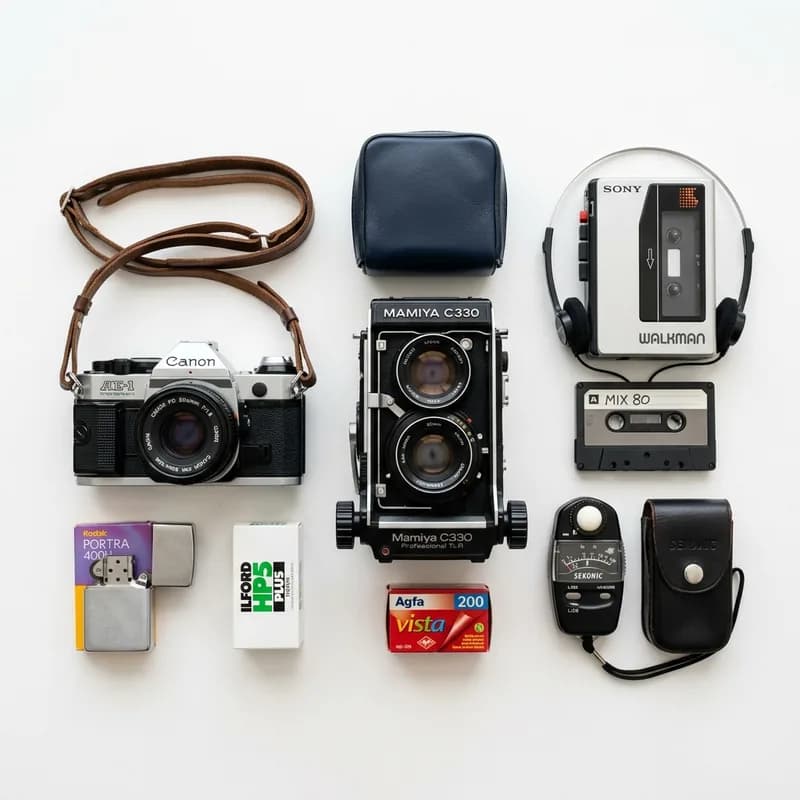 Flat lay of vintage cameras, film rolls, and electronics meeting eBay product image requirements