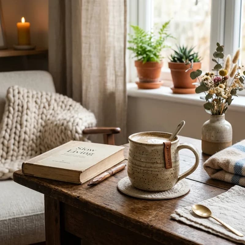 Handcrafted ceramic mug in cozy lifestyle setting for Etsy product listing photography