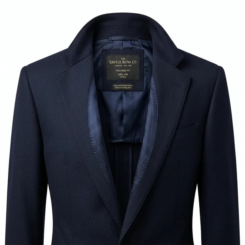Navy tailored blazer on ghost mannequin showing interior lining and construction detail