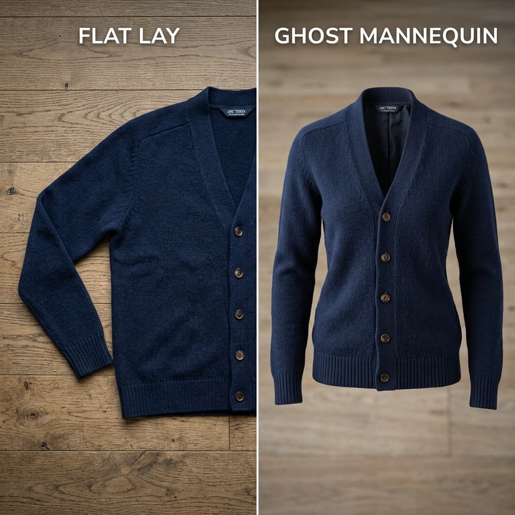 Side-by-side comparison of a jacket photographed as ghost mannequin versus flat lay apparel photography