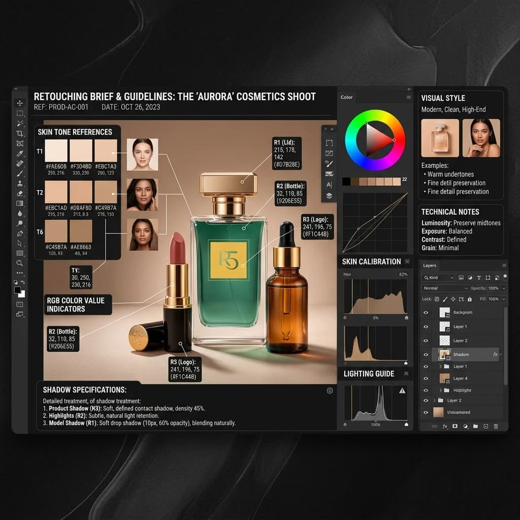 Photo retouching brief template showing RGB background values, skin tone references, and shadow specifications for product image editing