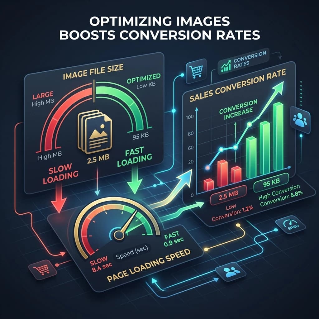 E-commerce product image file size optimisation showing before and after comparison of 10MB TIFF vs 120KB WebP with page speed improvement metrics