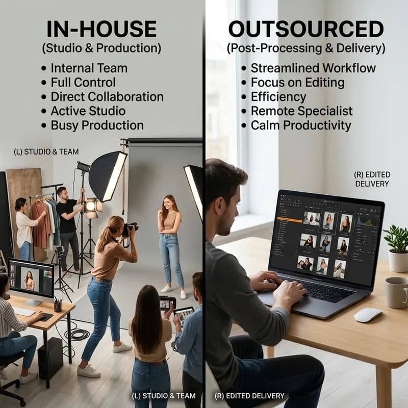 Side-by-side comparison of in-house photo studio team versus outsourced remote editing workflow