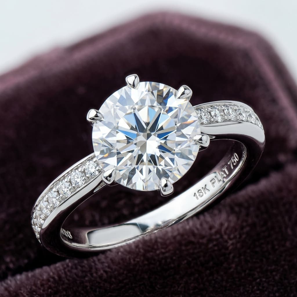 Close-up macro photograph of a diamond ring showing professional jewelry retouching with clean metal shine and accurate gemstone colour