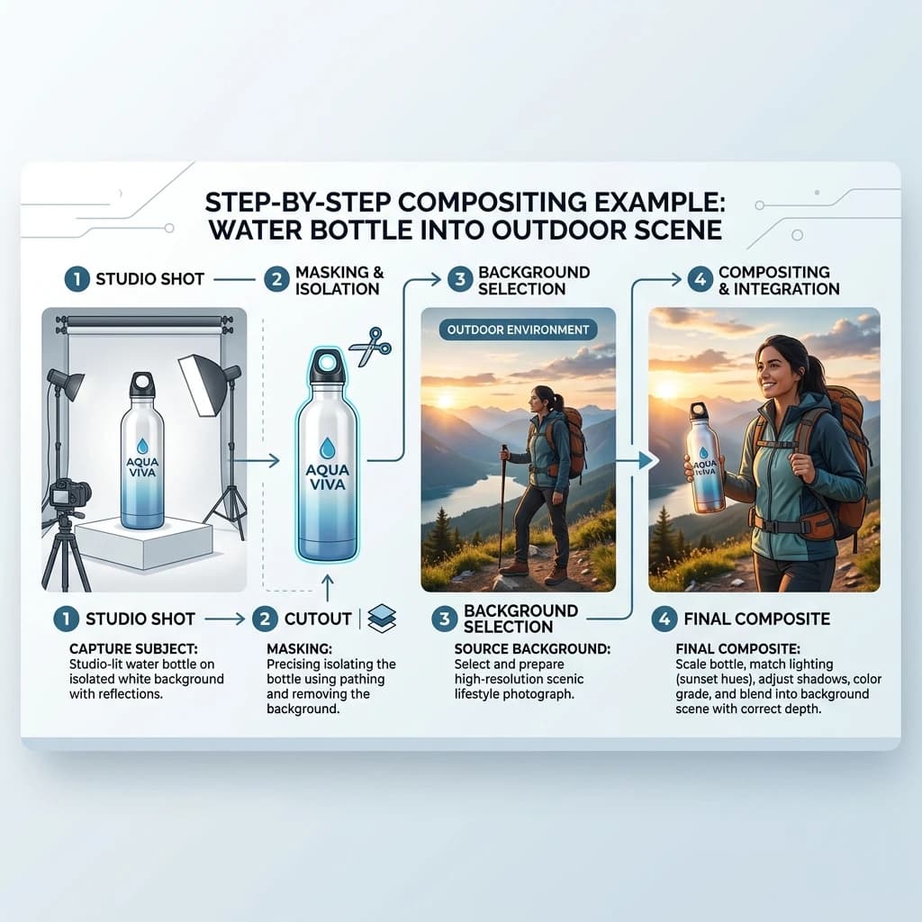 Step-by-step example of a studio product shot composited into a lifestyle background scene