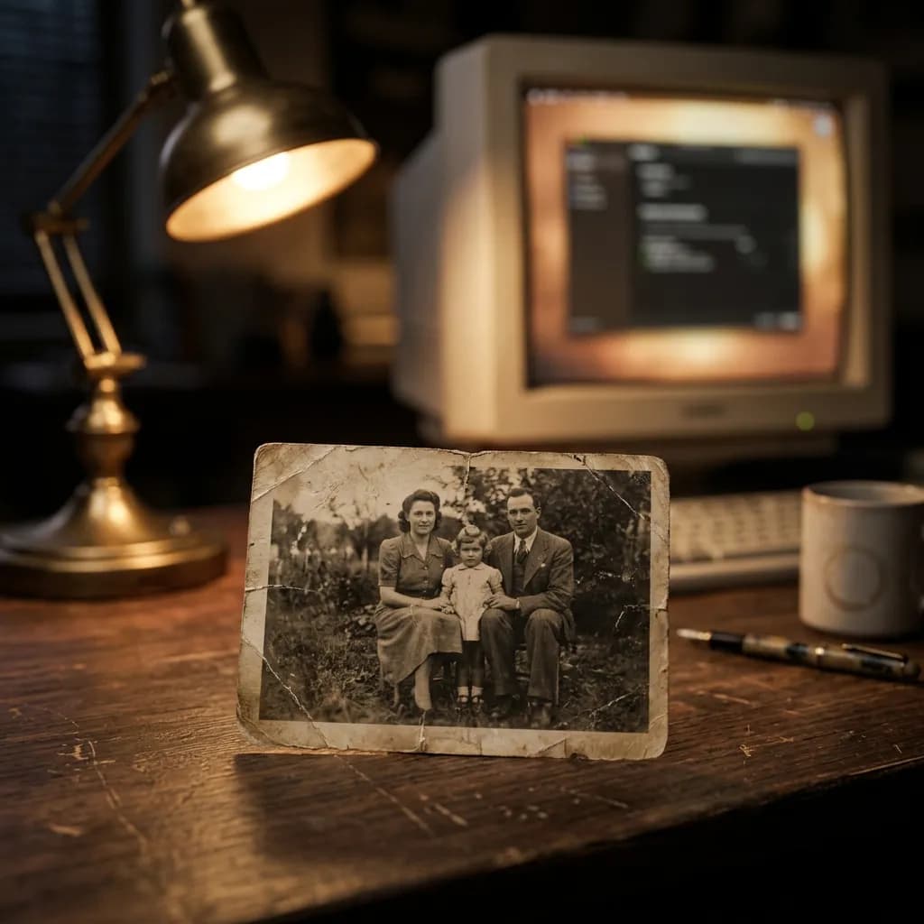 Torn and water-damaged vintage photograph next to its digitally restored version showing repaired creases and recovered detail