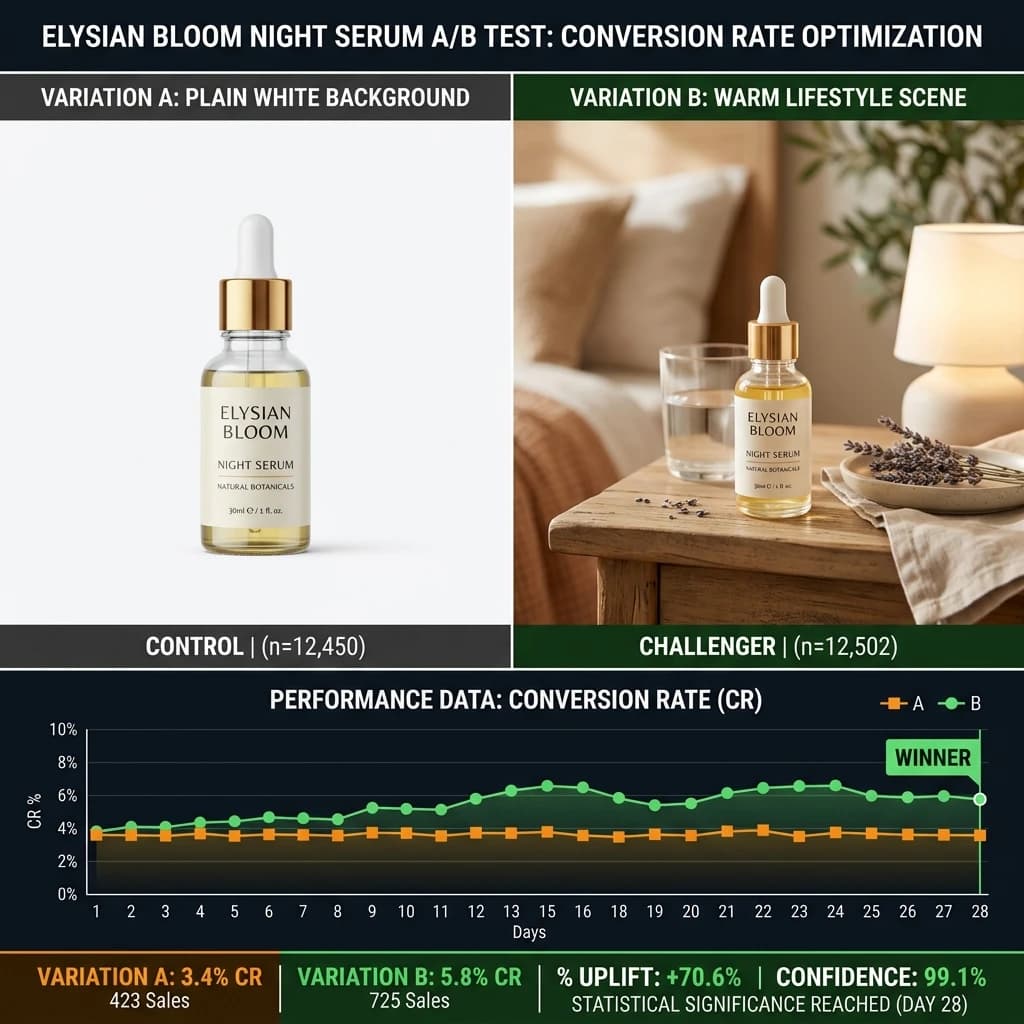 E-commerce product image A/B split test comparing white background and lifestyle product photo variants for conversion rate optimization