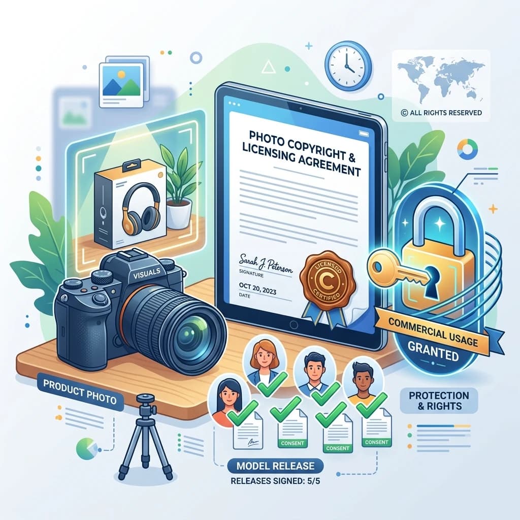 E-commerce seller reviewing copyright contracts and image licensing documents for product photography
