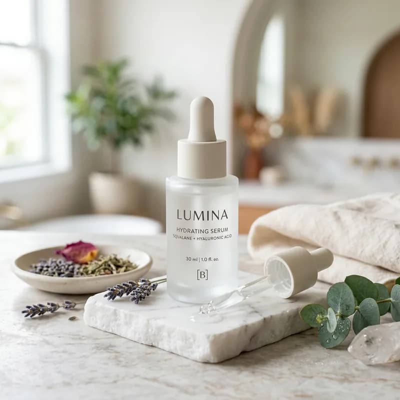 Skincare serum lifestyle product shot on marble surface with botanicals for Shopify store
