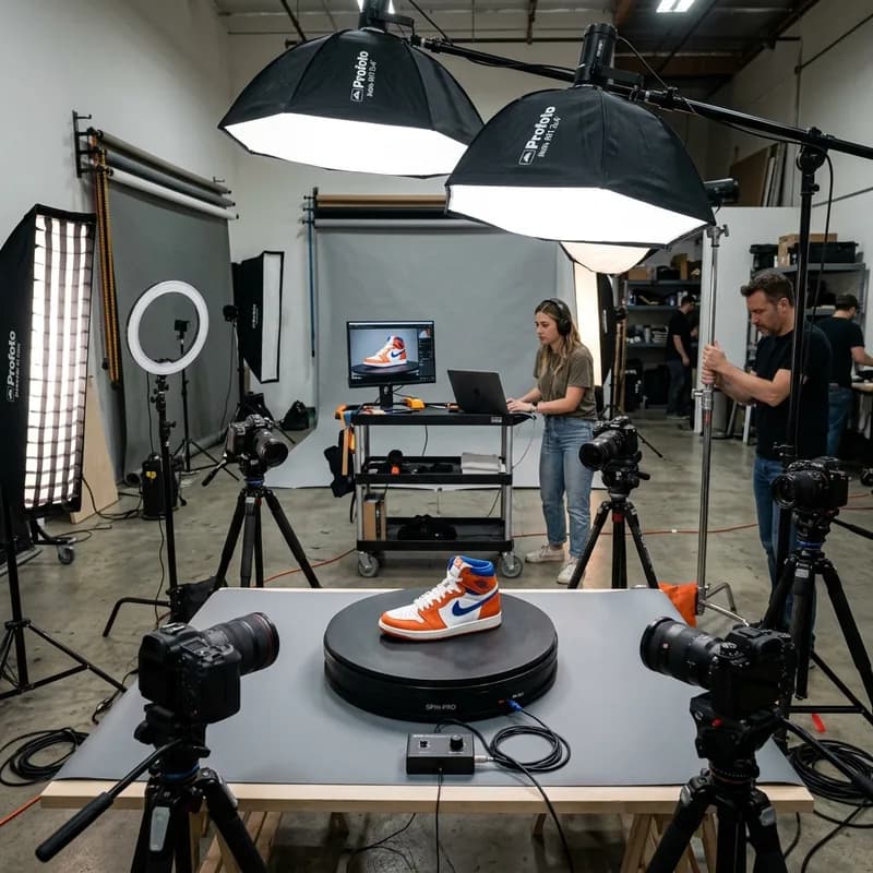 Professional product photography studio with sneaker on 360-degree turntable and multiple cameras