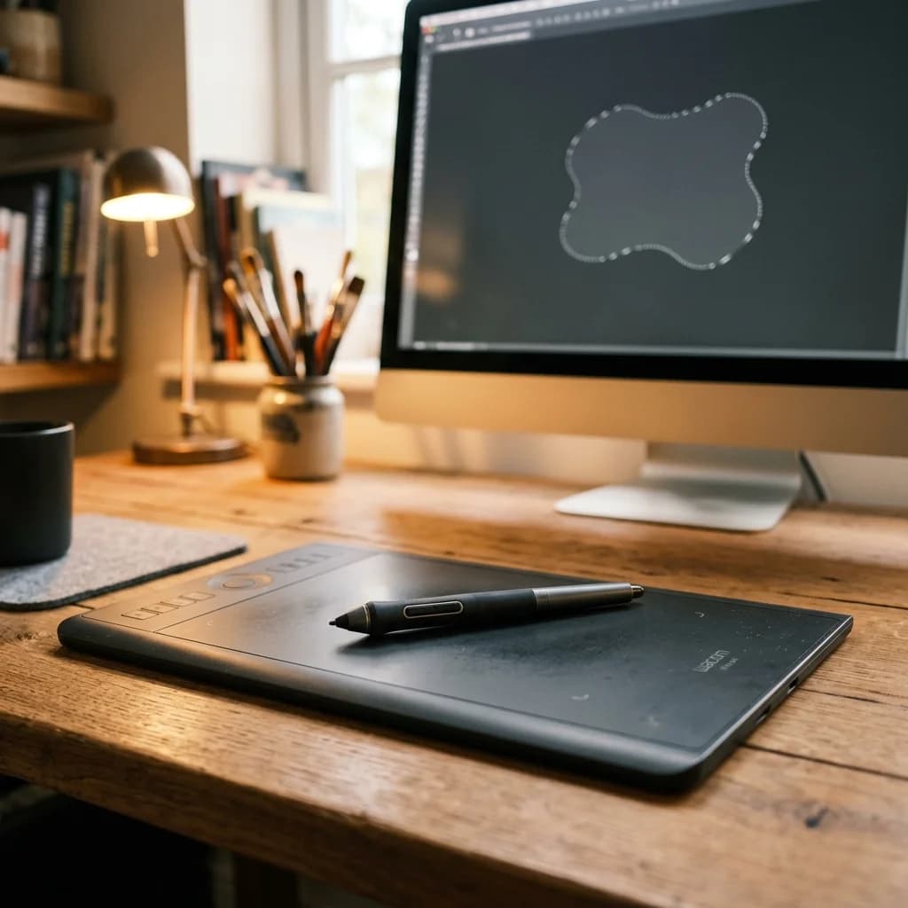 Photoshop canvas showing the Magnetic Lasso Tool tracing along a product's edge with anchor points visible