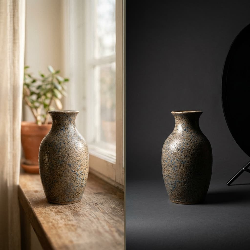 Split-screen comparing natural window light versus professional studio strobe on same product