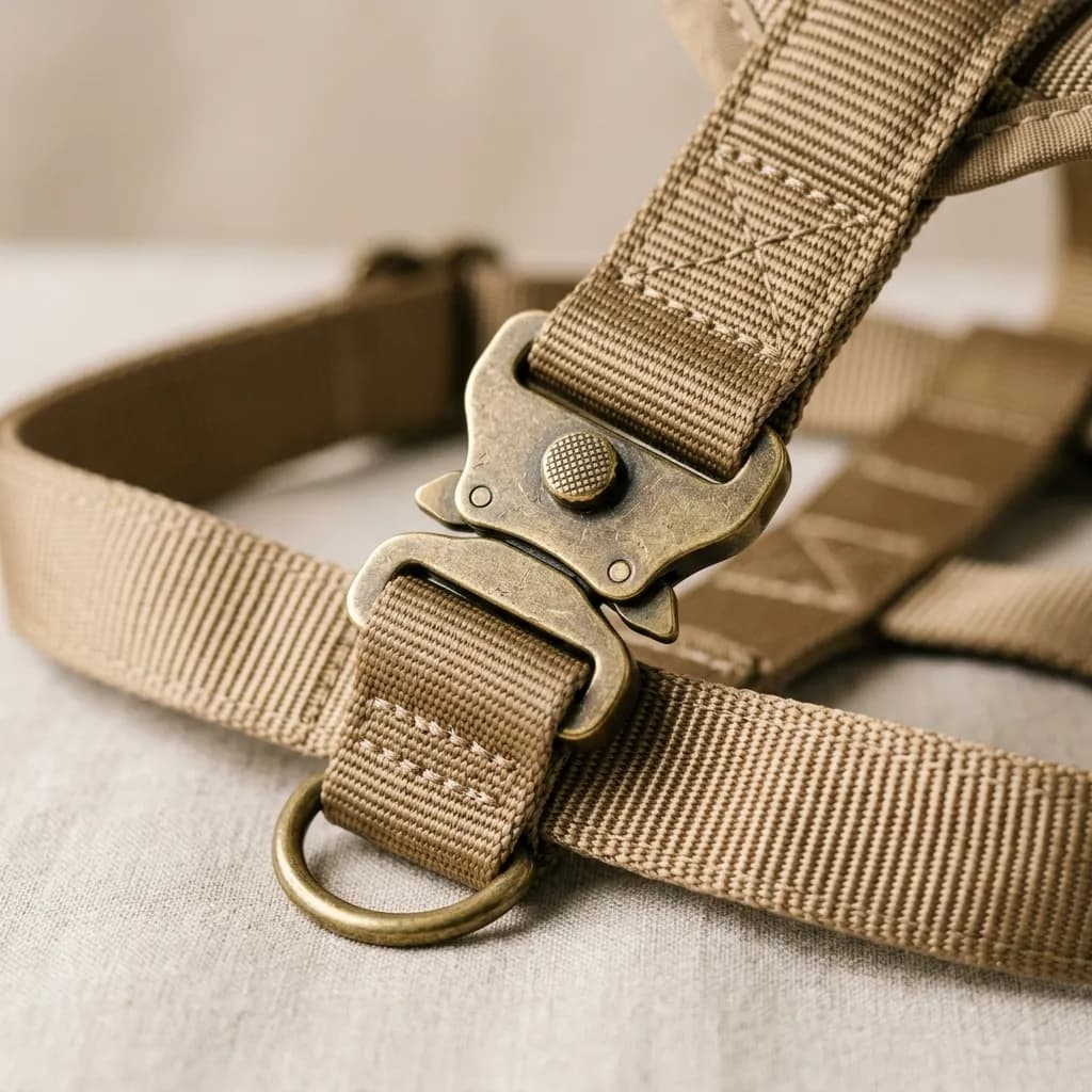 Pet product photography showing a dog harness with accurate texture and sizing context for e-commerce