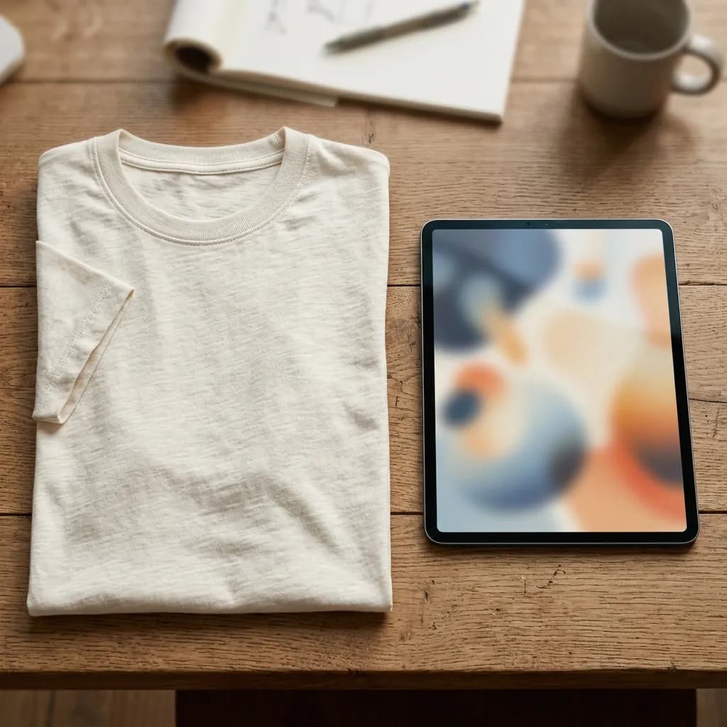 Comparison of a digital print-on-demand mockup and real product photography of a printed t-shirt