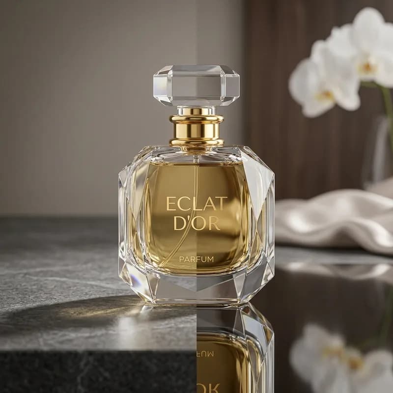 Luxury crystal perfume bottle with natural reflection shadow on stone surface for premium product photography