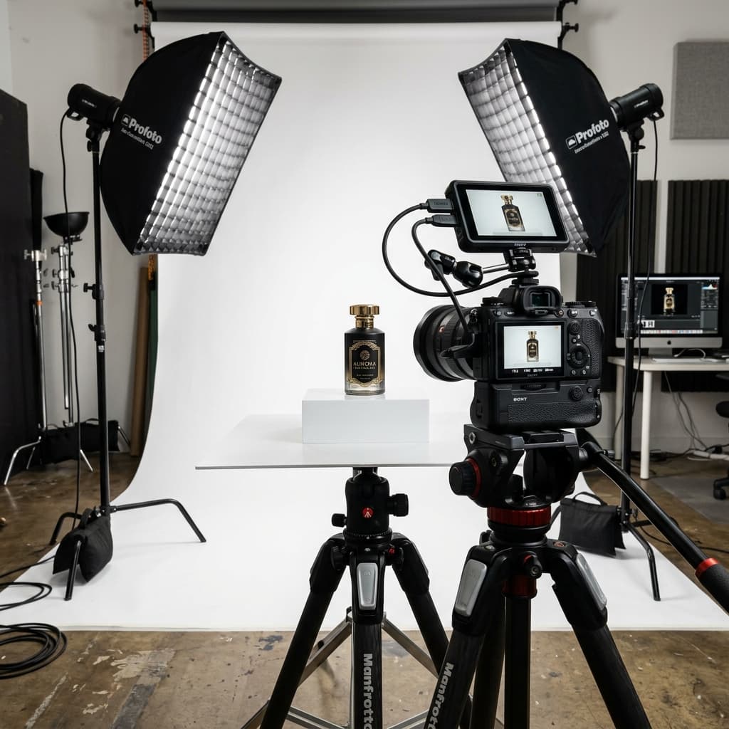 Camera setup pointing at a product on seamless white paper backdrop in professional photography studio